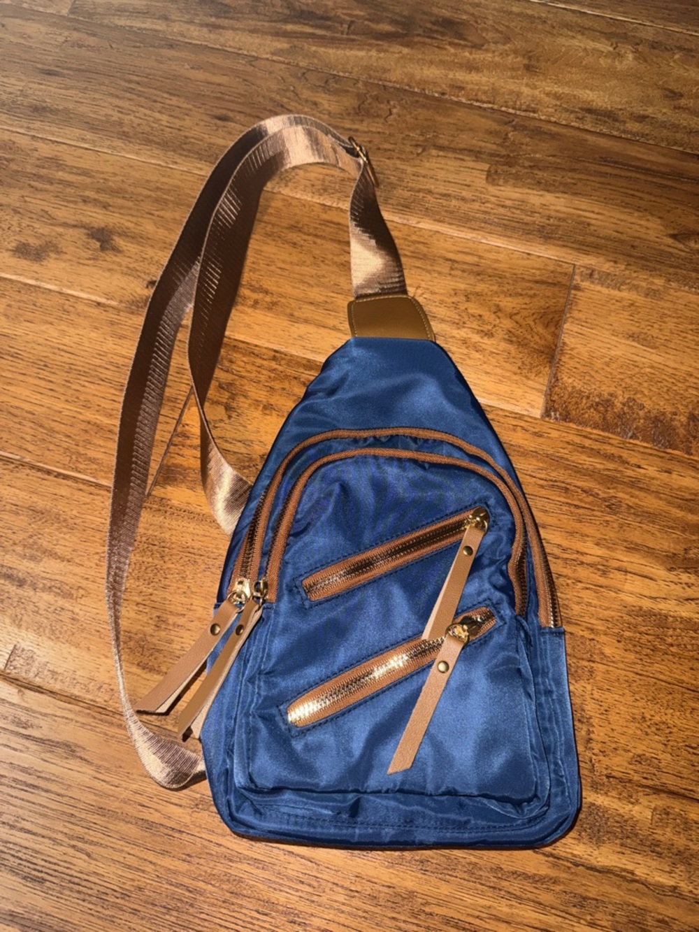 Navy Crossbody Sling Bag with Brown Accents